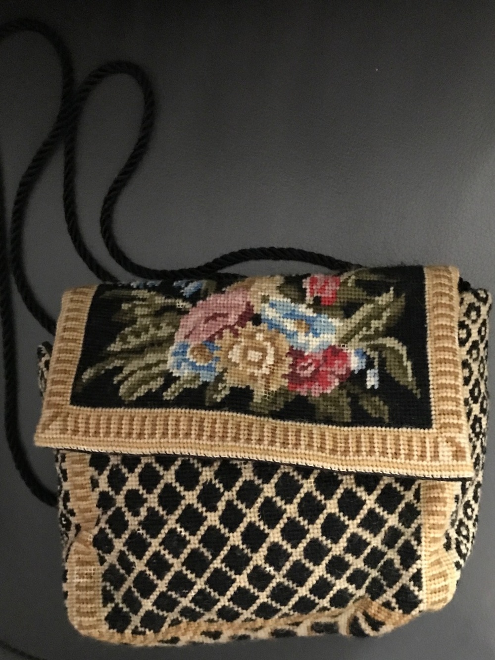 Vintage Handmade Petit Point Floral Tapestry Small  Handbag w/ magnetic closure